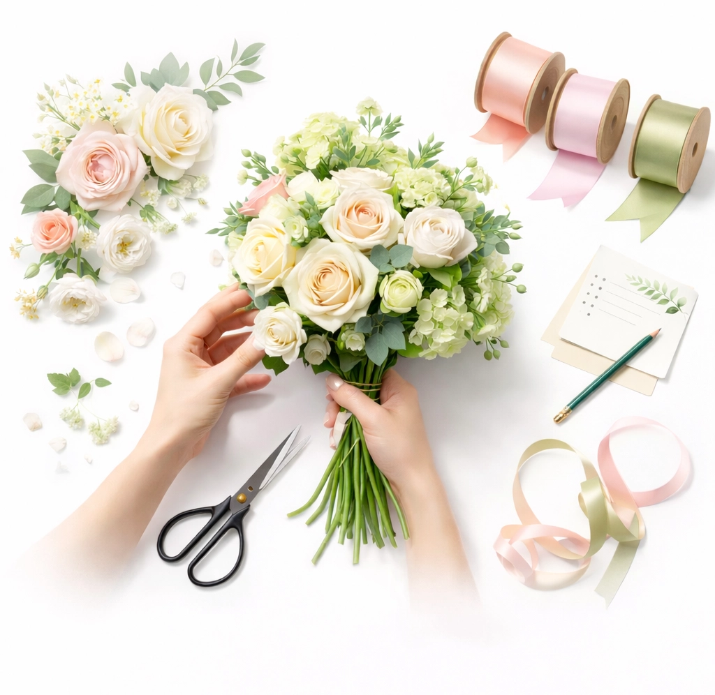 DIY wedding flowers bouquet arrangement bulk roses hydrangeas create your own bridal bouquet