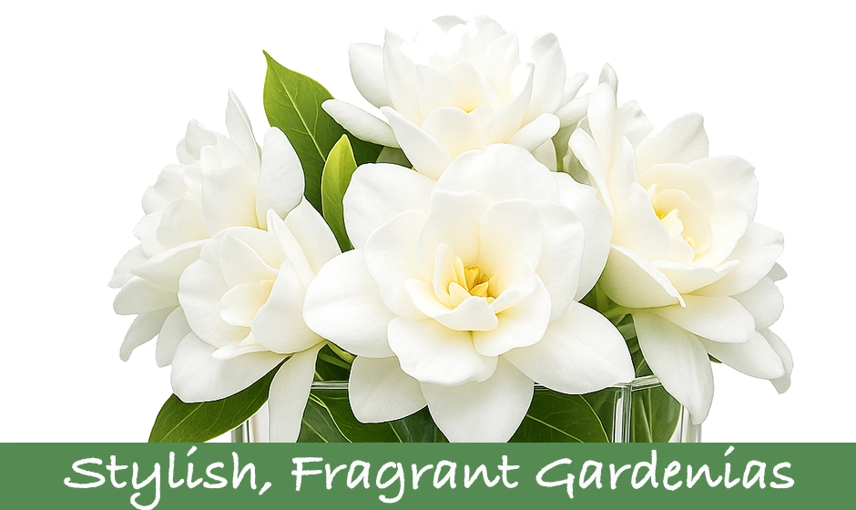 Fresh white gardenia flowers in a glass vase for elegant wedding centerpieces, events, and romantic gifts.