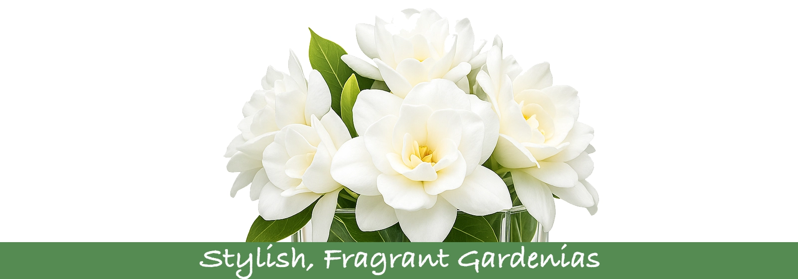 Fresh white gardenia flowers in a glass vase for elegant wedding centerpieces, events, and romantic gifts.