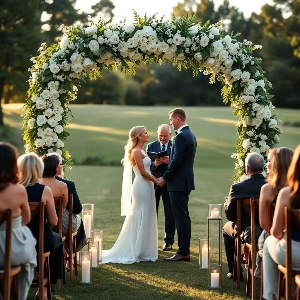 A floral arch of fresh flowers and wholesale flowers frames a bride and groom during their wedding ceremony, with guests seated along a candle-lit aisle.