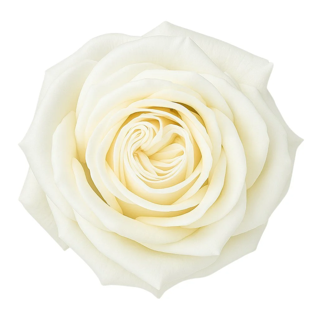 A fully bloomed Playa Blanca White Rose with delicate, layered white petals.